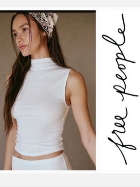 Free People Good Feels Sleeveless Mockneck Top in Ivory Coconut Milk Sz M NWT